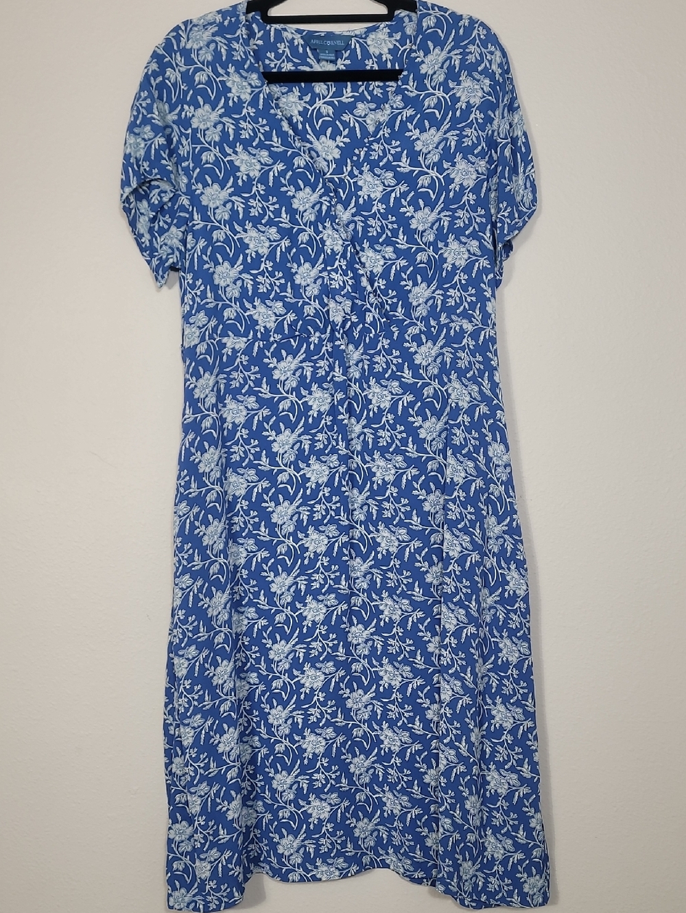 April Cornell Floral Midi Dress Size Small Blue White Rayon Pocket Cottagecore